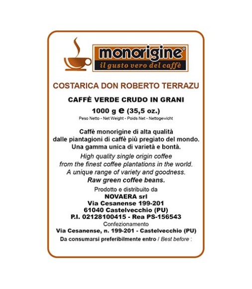Caffè Verde Arabica in grani Costarica Don Roberto Terrazu - 1 Kg